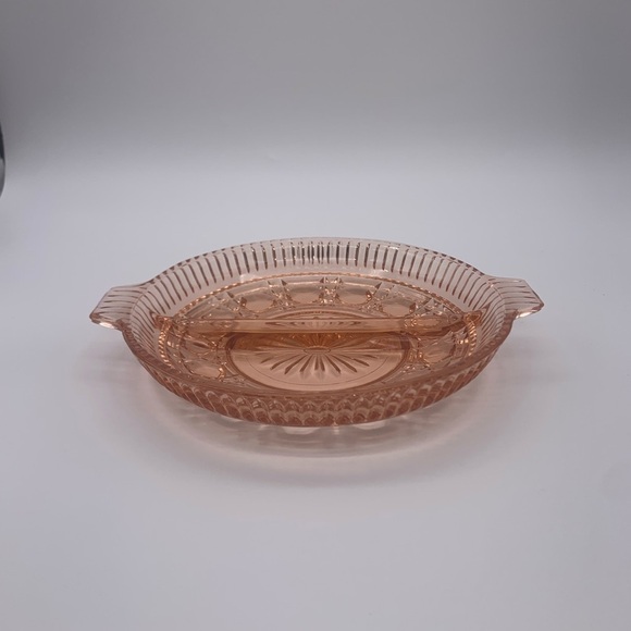 Vtg. Starburst Windsor Pink Depression 2 Part Divided Relish Tray With Handles - Picture 2 of 15